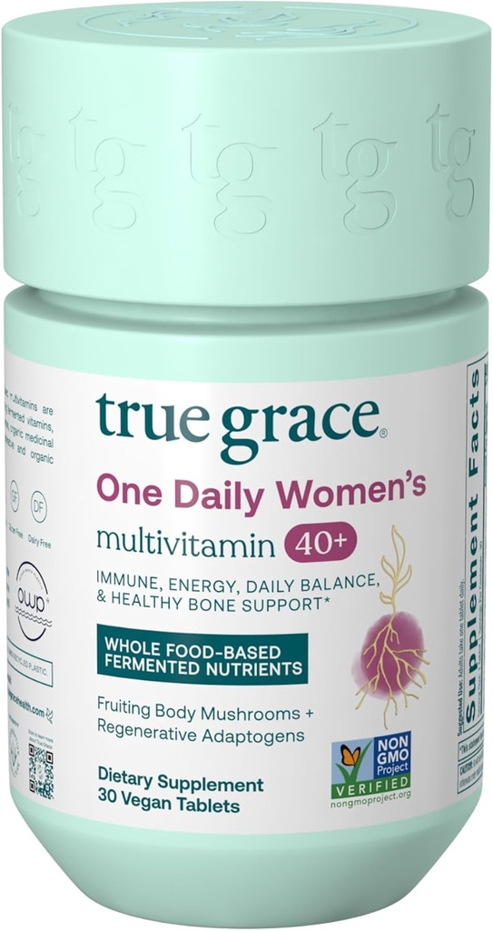 True Grace One Daily Women's Multivitamin 40+ Fermented Minerals, Organik Adaptogens & Mushrooms Energy, Immune, Bone Support - Non-GMO - Iron, Gluten & Soy Free - 30 Vegan Tabletler