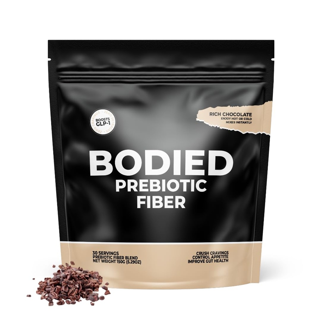 BODIED Fiber Cocoa PREBIOTIC - Σοκολάτα Γεύση - Boost GLP-1, Psyllium Husk, SolNul, Gut Health, Digestion & Immunity, Zero Added Sugar, Keto, Paleo Friendly Fasting 30 Services.