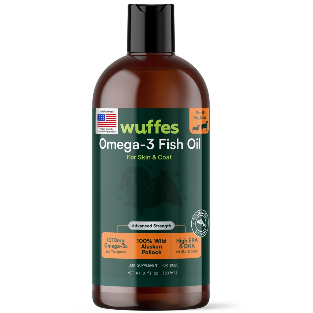 Wuffes Advanced Omega 3 Fish Oil for Dogs, Natural EPA & DHA Fatty Acids, Supports Health Skin and Coat, Ortak Beslenme, Digestion & Immune System - 100% Pure Wild Alaskan Fish Oil - 8 Oz