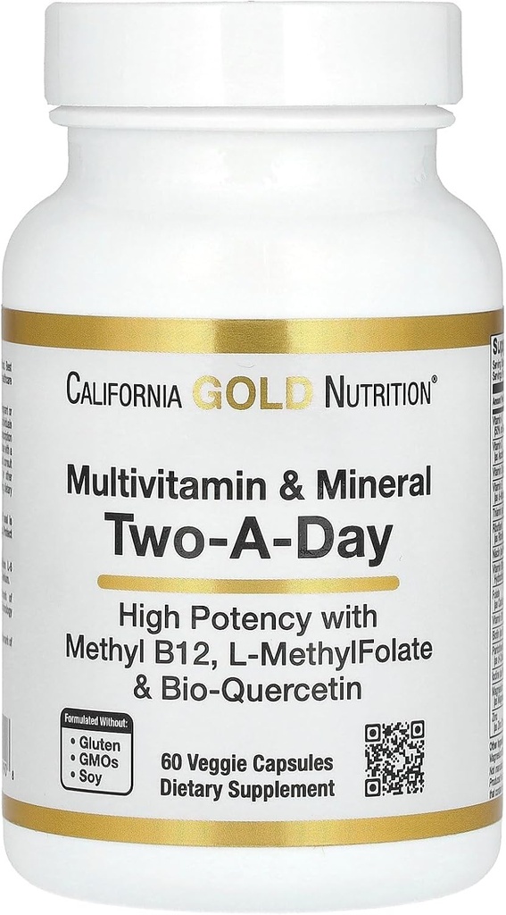 California Gold Nutrition Multivitamin and Mineral with Methyl B12, Vitamin C, L-methylFolate και Bio-Quercetin, Two-A-Day, 60 Veggie Κάψουλες