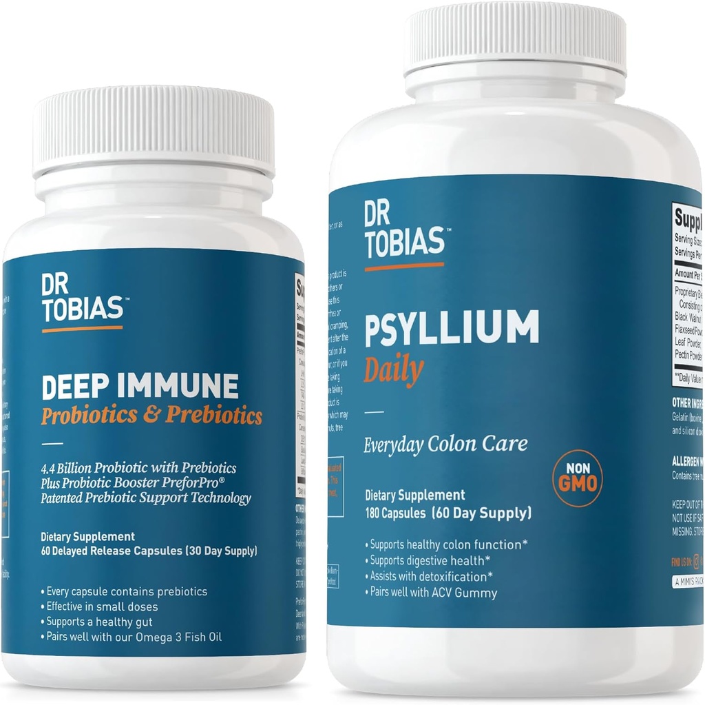 Dr. Tobias Deep Immune Probiyotiks & Prebiyotiks and Psyllium Daily, Supports Digestive Health, Gut Immune Function, Daily Fiber Supplement in Support of Colon Health with 4.4. Milyar CFU