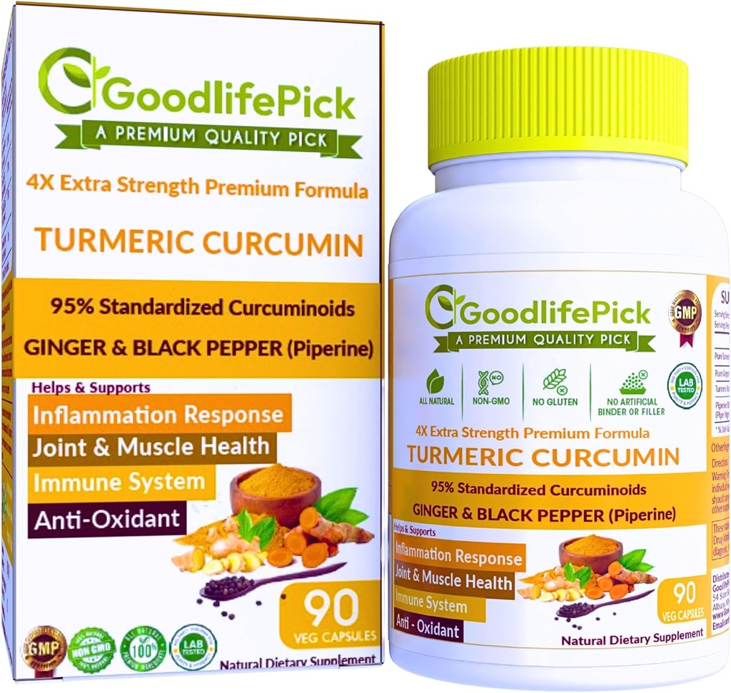 Premium Turmeric Capsules with Ginger and Black Pepper. Turmeric Curcumin% 95 Curcuminoids & Ginger Root All Natural NonGMO NO Rice Toz NO Stearate NO Silica NO Gluten 90ct