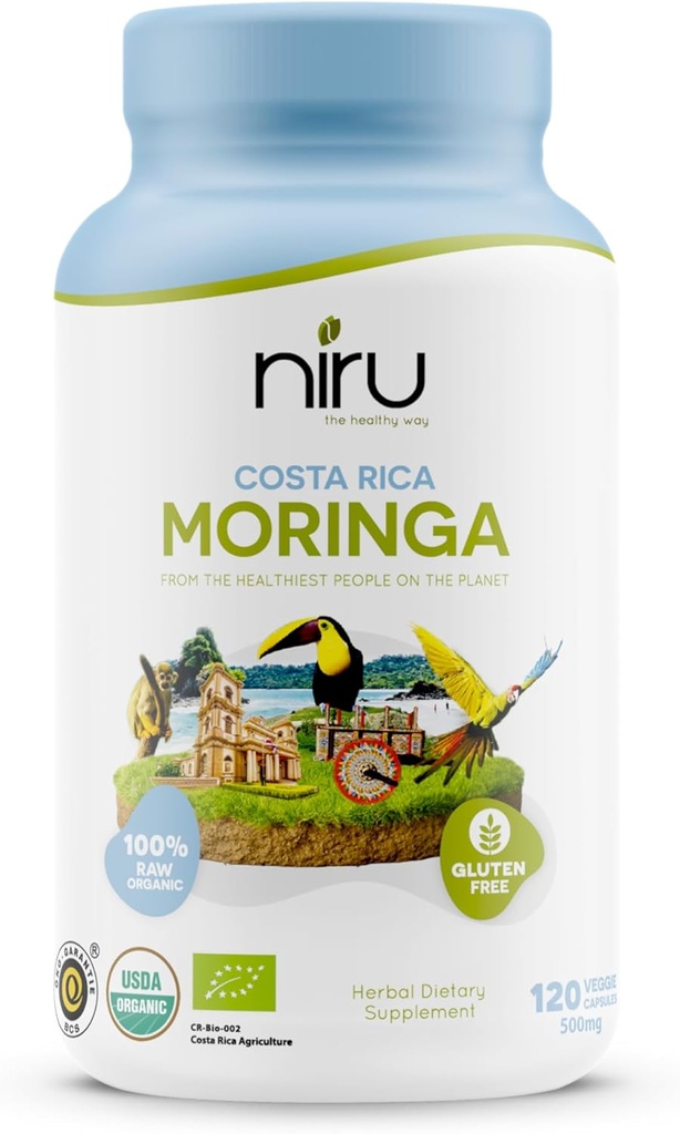 Niru Life Blue Zone Moringa Capsules from Costa Rica, 100% Organik Enerji, Metabolism & Immune Support, 120 Capsules, 500 mg
