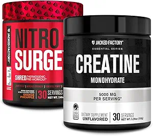 Jacked Factory NITROSURGE Shred Pre Workout Supplement (Orange Pineapple, 30 Hizmet) ve Kretine Monohidrat Toz (Unflavored, 30 Hizmet)