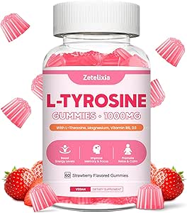 L Tyrosine Gummies, L-Tyrosine Supplement Gummies, L-Theanine Gummies with Vitamin B6 D3, Focus Gummies Support Brain, Memory, Energy, Mood for Adult & Kids, Strawberry Flavor, 60