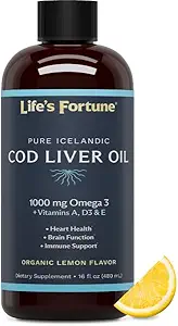 Life's Fortune Cod Liver Oil Liquid Organic Lemon Flavor (8 Oz) 1000 mg Omega + Vitamin A, E & D3 - Supports Immune Health - 100% Fish Oil Supplement from Wild Ocean Cod-GMO Free