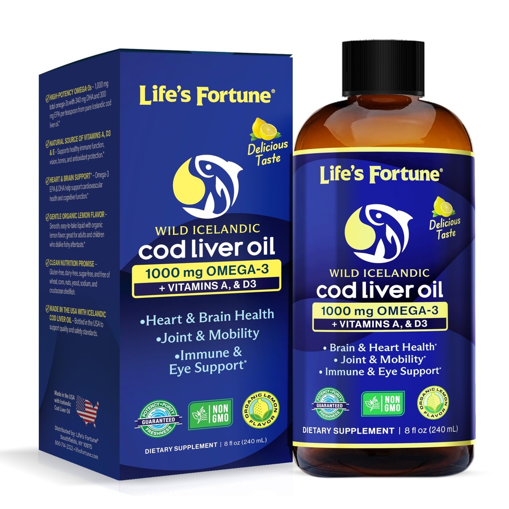 Life's Fortune Cod Liver Oil Liquid Organic Lemon Flavor (8 Oz) 1000 mg Omega + Vitamin A, E & D3 - Supports Immune Health - 100% Fish Oil Supplement from Wild Ocean Cod-GMO Free