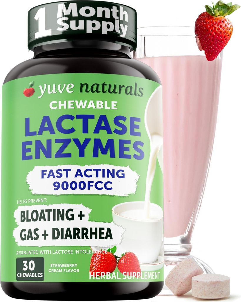 Yuve Natural Fast Acting Dairy Relief Delicious Chewables - Lactase Enzyme 9000COM - Laftose intolerance - Strawberry Cream Flavor - 30ct