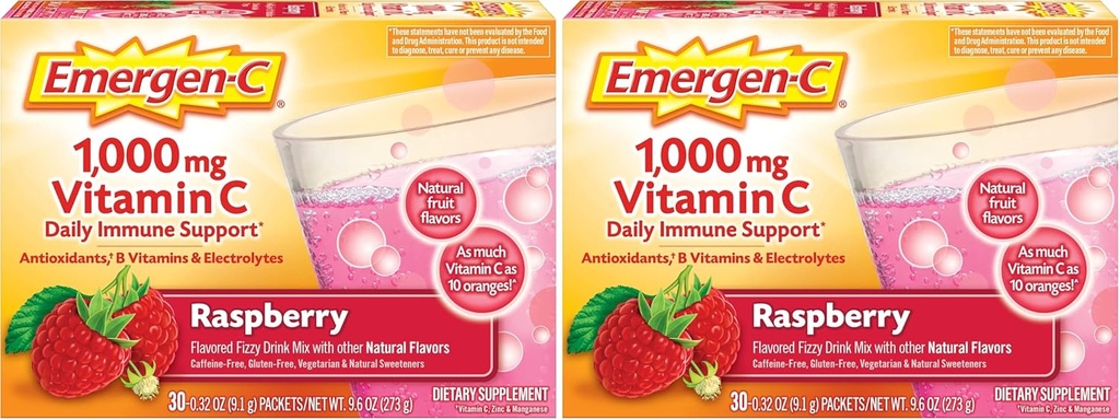 Emergen-C (30 Kont, Raspberry Flavor, 1 ay Supply Dietary Supplement Fizzy Drink Mix with 1000 mg C, 0.32 Ounce Packets, Caffeine Free (Pack of 2)