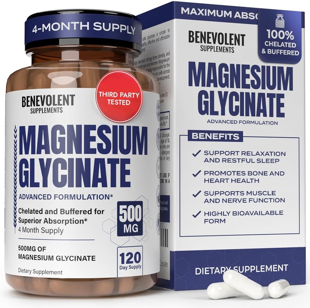 Magnezyum Glycinate 500 mg - Chelated & Buffered High Abxia Supplement Magnezyum to Support Stress Relief, Digestion, Bone, Sleep, Nerves & Muscle Health - Made in USA - 120 Vegan Capsules