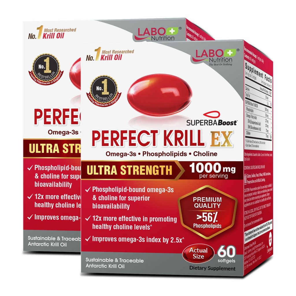 LABO Beslenme Mükemmel Krill EX, 1000 mg Antarktika Krill Oil Omega 3 EPA DHA, En yüksek Phospholipids (yüzde 56) Choline, Astaxanthin | Heart Brain Eye Joint Health, Made in USA, 60 softgelsX2