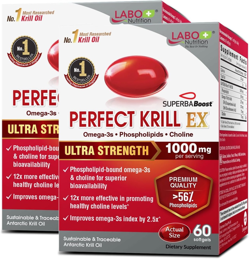 LABO Beslenme Mükemmel Krill EX, 1000 mg Antarktika Krill Oil Omega 3 EPA DHA, En yüksek Phospholipids (yüzde 56) Choline, Astaxanthin | Heart Brain Eye Joint Health, Made in USA, 60 softgelsX2