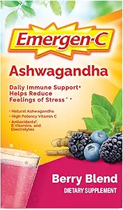 Emergen-C Vitamin C Ashwagandha Drink Mix, Diyetary Supplement for Immune Support, Berry Mix, Back to School Essentials - 18 Kont