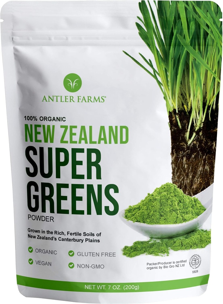 Antler Farms - 100% Pure Organic New Zealand Super Greens Toz, 40 Hizmet, 200g - Buğday Grass, Barley Grass, Chlorella, Spirulina - Vegan, Gluten Free, Chlorophyll Rich, for Energy and Detox
