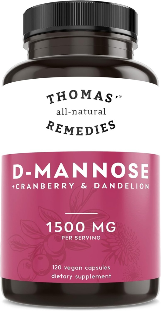 Thomas'ın tüm doğal Remedies D-mannose 1200 mg - Cranberry ve Dandelion ile - Doğal Urinary Tract ve UTI Health Support - En İyi dmannose Capsules - NO fills, All- Natural, Vegan - 120 Capsules