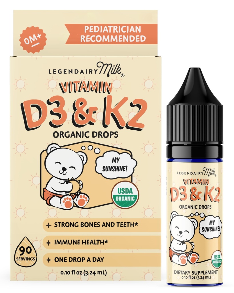 Legendairy Milk Organic Baby Vitamin D3 K2 Liquid Drops, 400 IU Baby Vitamin D D σταγόνες για βρέφη - Βιταμίνη D για νεογέννητα, Toddlers και παιδιά - Vegan, 90 Σερβιέτες