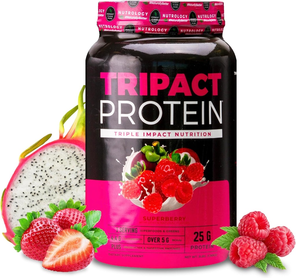 Nutrology TRIPACT Protein Powder - 7-σε-1 Αντικατάσταση γεύματος Ανακινήστε με Grass Fed Whey Protein Powder, Pea, Rice, Greens for Muscle Recovery & Immunity, Superberry Flavor, 40 Servings