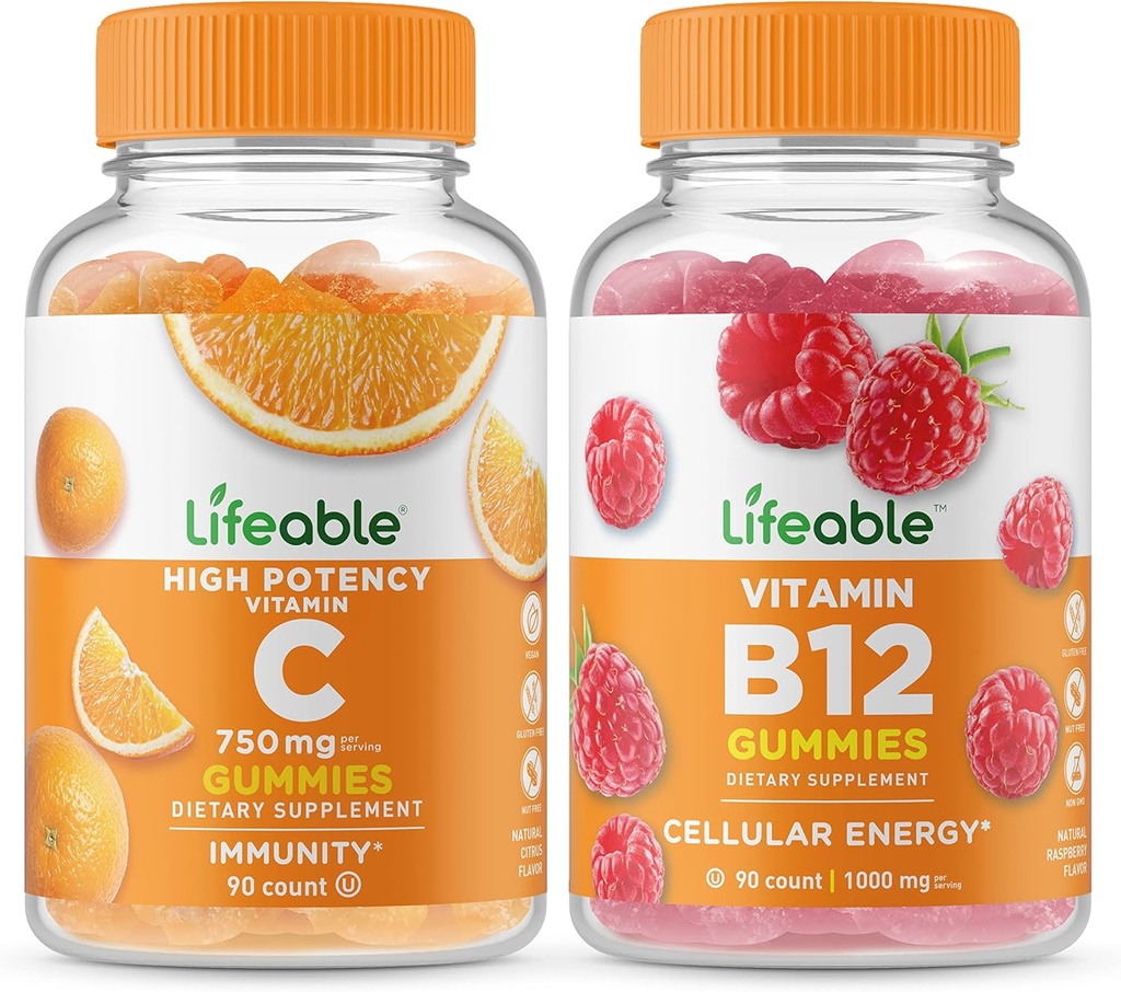 Ζωοποιήσιμη βιταμίνη C 750mg + Βιταμίνη B12, Gummies Bundle - Μεγάλη γεύση, συμπλήρωμα βιταμίνης, χωρίς γλουτένη, χωρίς ΓΤΟ, Μασώμενη Gummy