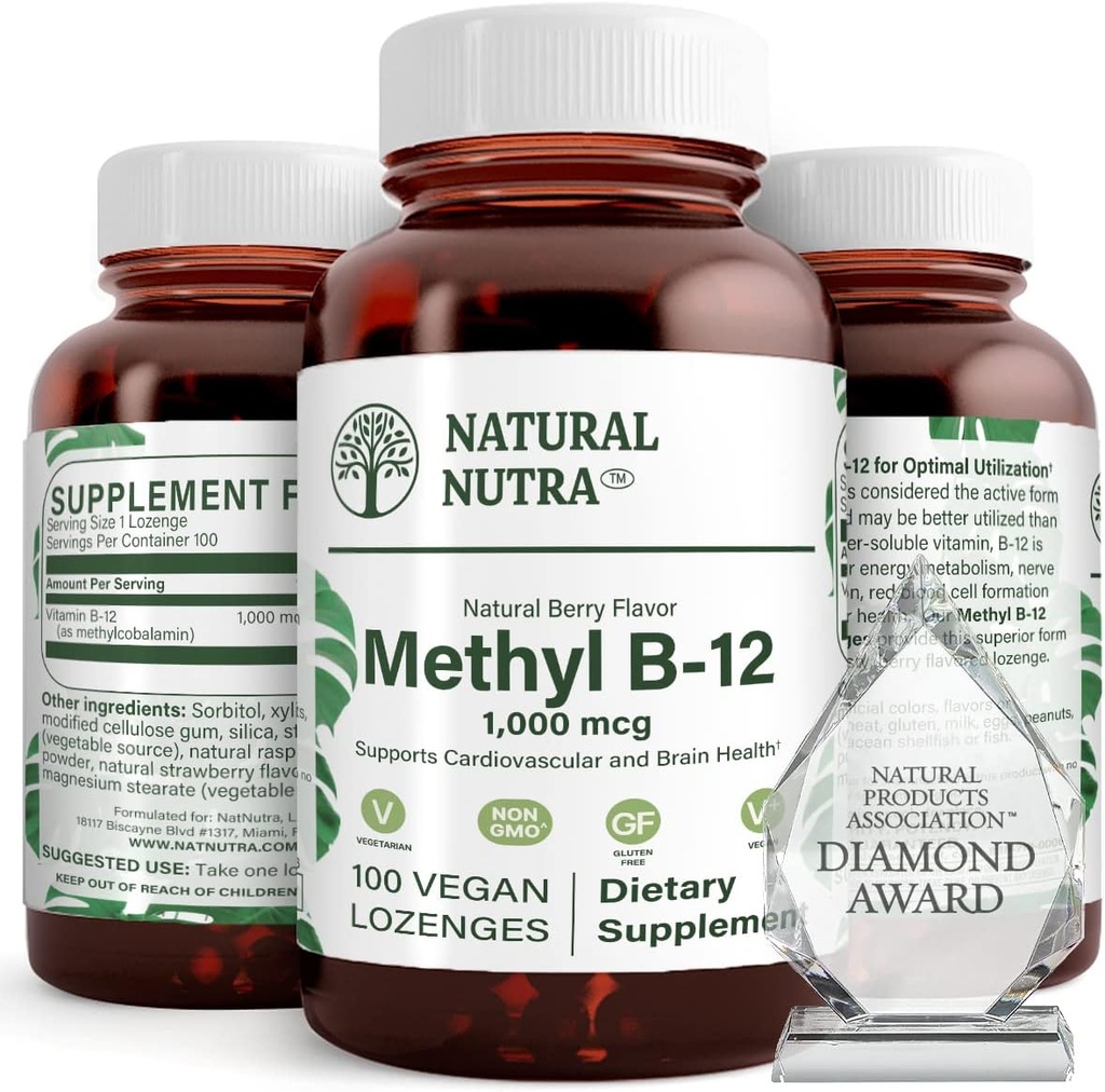 Φυσικό Νούτρα Vegan Methyl B12 1000mcg, συμπλήρωμα για την υγεία της καρδιάς και την ενέργεια Booster, χωρίς γλουτένη, τη μετατροπή της ενέργειας υποστήριξης, την ενίσχυση της ανοσολογικής απόκρισης, τη λειτουργία του εγκεφάλου βοήθειας, 100 Vegan Lozenges