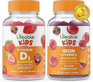 Lifeable Vitamin D Kids + Iron & Vitamin C Kids, Gummies Sche - Great Tasting, Vitamin Supplement, Gluten Free, GMO Free, Chewable Gummy