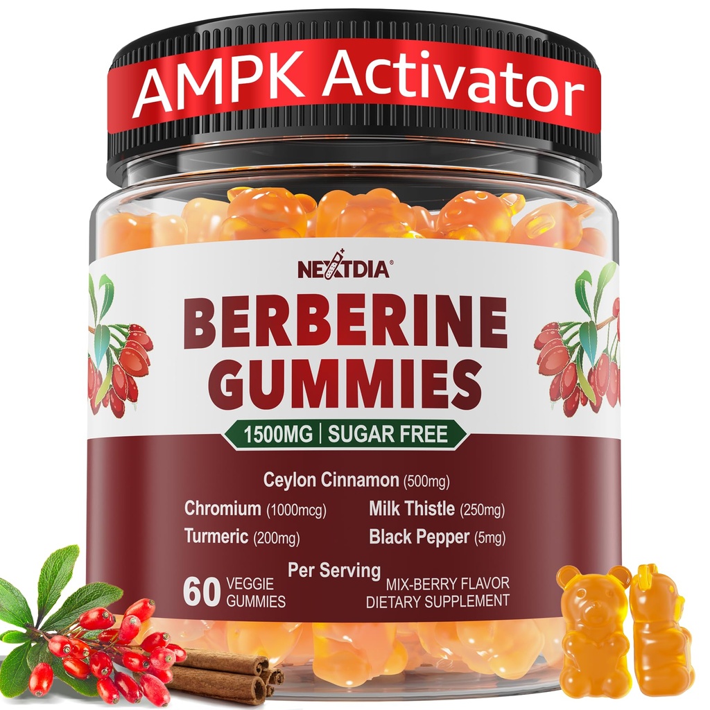 βερβερίνη Gummies 1500mg χωρίς ζάχαρη, Βιολογικό συμπλήρωμα βερβερίνης w/Ceylon Κανέλα, χρώμιο, κουρκουμάς, γαϊδουράγκαθο γάλακτος για τον μεταβολισμό ισορροπημένη, βερβερίνη HCl από ινδικό εκχύλισμα βατόμουρου, Vegan 60 κοχ