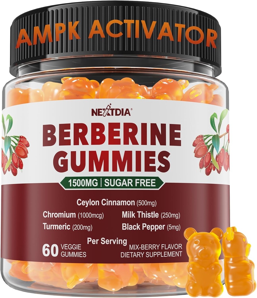 Berberine Gummies 1500 mg Sugar Free, Organic Berberine Supplement w/Ceylon Cinnamon, Chromium, Turmeric, Milk Butle for Metabolism Balanced, Berberine HCl from Indian Barberry Extract, Vegan 60 Cts