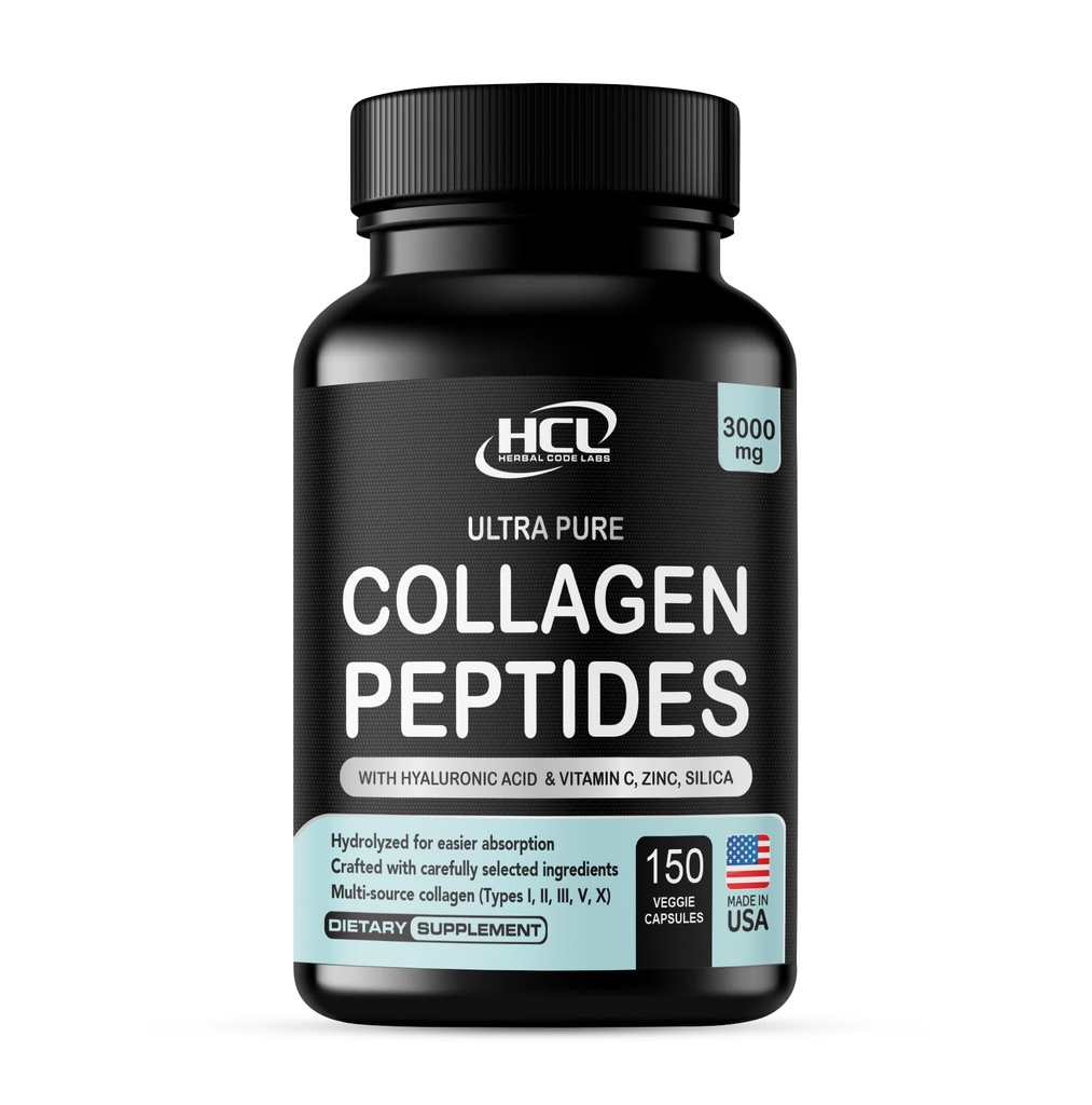 HCL HERBAL KOS Collagen, Toz C & Hyaluronic Asit - En Temiz Kaynaklar ve Süper Yüksek Absorpsiyon - Hydrolyzed Multi Type I, II, III, V, X - Skin Hair Supplement (Capsules)