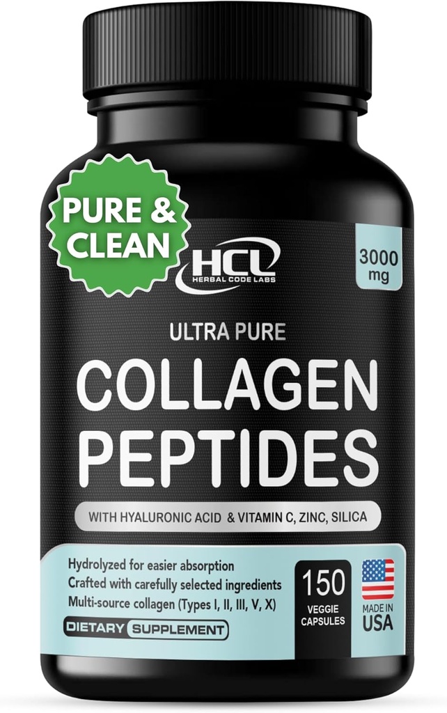 HCL HERBAL KOS Collagen, Toz C & Hyaluronic Asit - En Temiz Kaynaklar ve Süper Yüksek Absorpsiyon - Hydrolyzed Multi Type I, II, III, V, X - Skin Hair Supplement (Capsules)