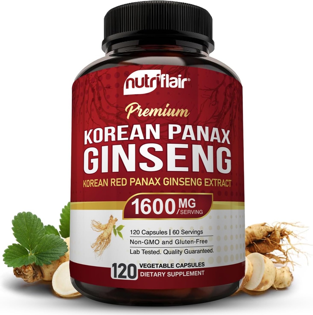 NutriFlair Koreli Red Panax BTC 1600 mg - 120 Vegan Capsules |% Ginsenosides | Non-GMO, Gluten-Free | Natural Energy & Focus Support | Made in USA
