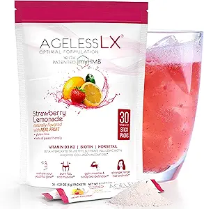 AgelessLX Powder Supplement for Women - with HMB Collagen Enhancer Plus Vitamin D3 with K2, Horsetail and Biotin for Lean Muscle and Stronger Hair and Nails - 30 Powder Packets Strawberry Lemonade