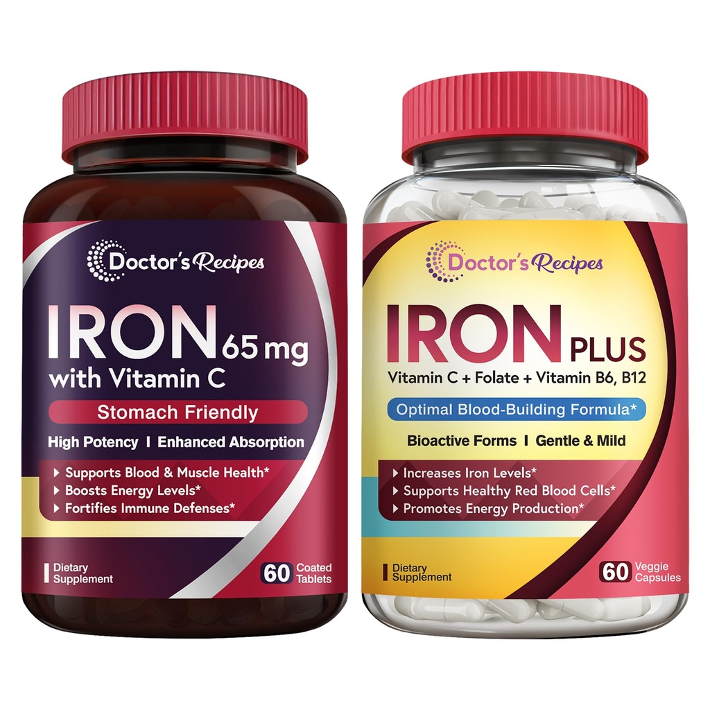 Συνταγές γιατρού Iron 65 mg & Iron Plus Bundle, Υγιή επίπεδα σιδήρου & υποστήριξη αίματος, δισκία σιδήρου 60 ct & κάψουλες σιδήρου 60 ct