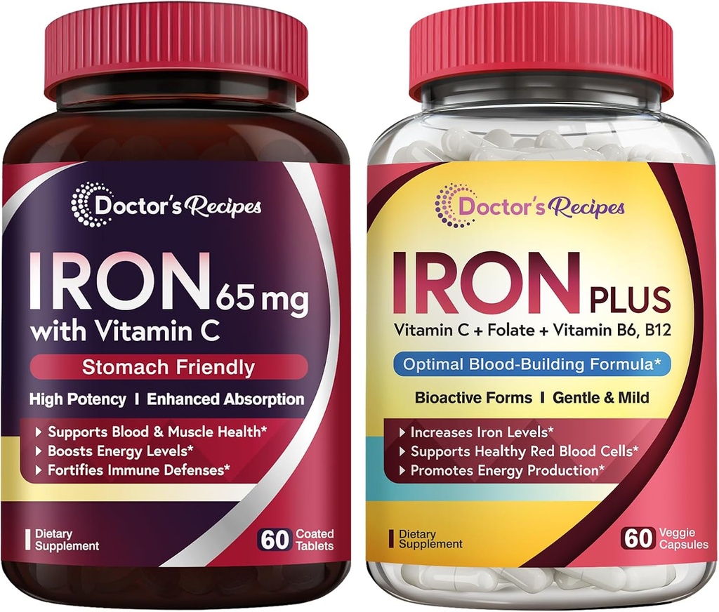 Doktor Demir Tartları 65 mg & Iron Plus Sche, Sağlıklı Demir Seviyeleri ve Kan Desteği, Demir Tabletleri 60 ct & Iron Capsules 60 ct & Iron Capsules