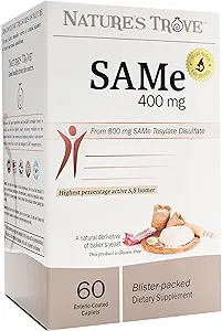 Trove της φύσης SAM-e 400mg 60 Enteric Coated Caplets. Vegan, Kosher, Μη ΓΤΟ έργο Επαληθευμένο, Χωρίς σόγια, Χωρίς γλουτένη - Κρύα blister Packed.