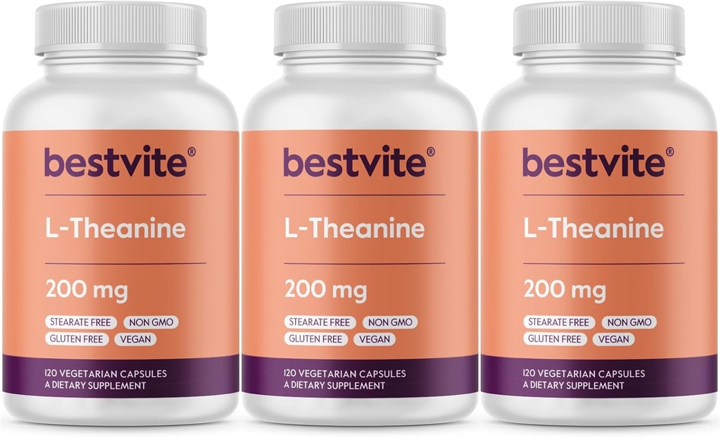 BESTVITE L-Theanine 200 mg (360 Vegetarian Capsules) (120 x 3) - Stearates - Vegan - Non GMO - Gluten Free