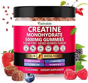 Erkekler ve Kadınlar için Adndale Kreatin Monohidrat Gummies, 5000 mg per Servicet Tinaine Supplement with Beta-Alanine, L-Citrulline & B12 - 75 Vegan Gummies. Sugar-Free