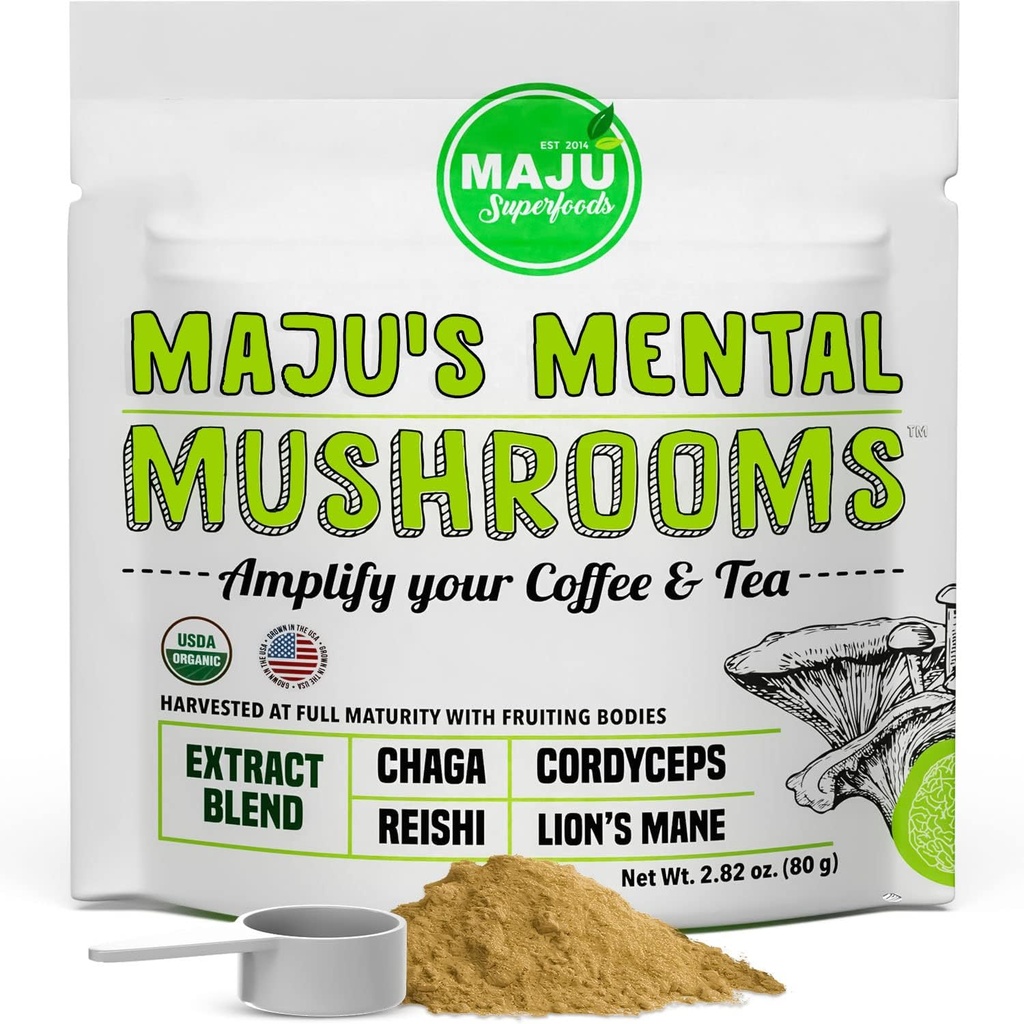 MAJU'nun Ruhu Mushroom Toz Ekstraksiyonu, Güçlü Aslanlar Mane, Chaga, Reishi, Cordyceps, Kahve için Meyveler, Immune System Alert, Nootropic Brain Supplement, Memory, Organic Mushrooms