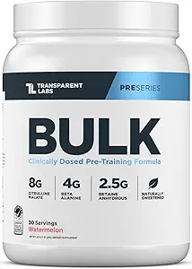 Διάφανα Εργαστήρια Bulk Pre Workout Powder - Φυσικώς γλυκασμένη Προ-Γυμναστική Φόρμουλα για την οικοδόμηση μυών και τη δύναμη - 30 εξυπηρετούν, Καρπούζι