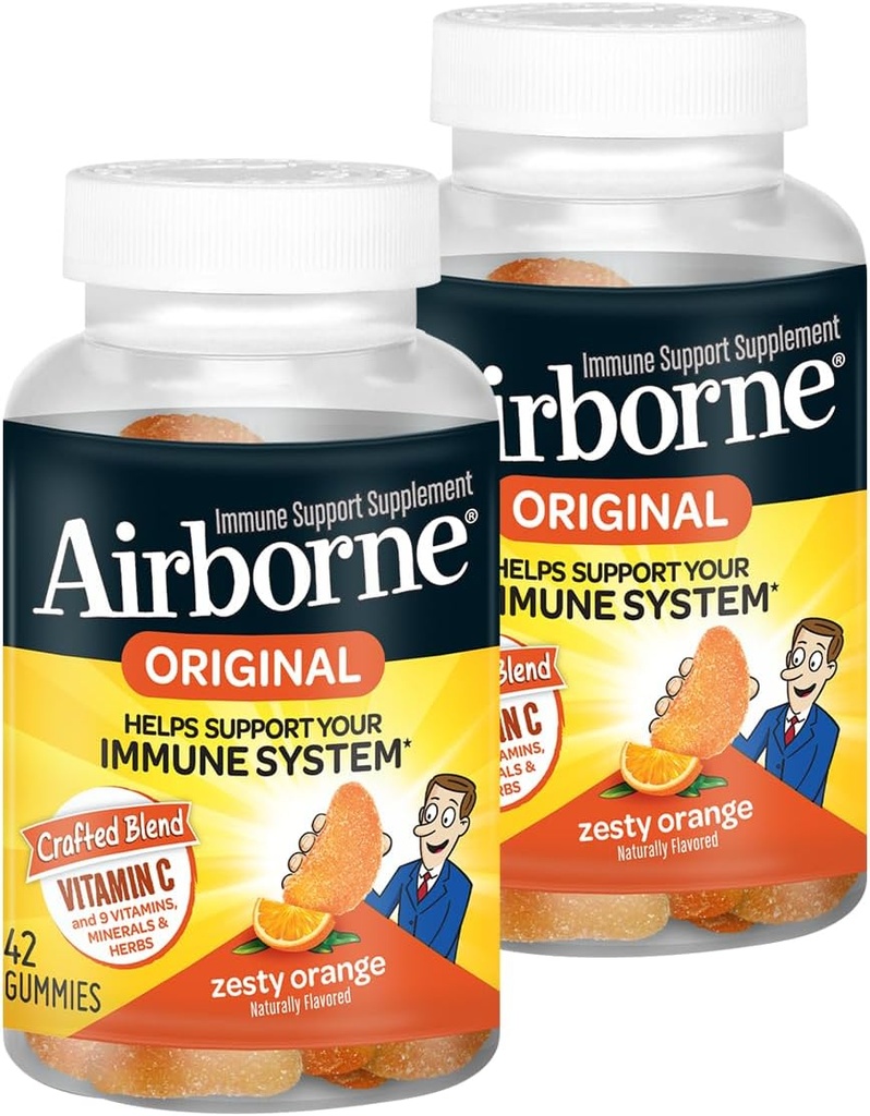 Airborne 750 mg Vitamin C Immune Support Supplement Gummies for Yetişkinler, Zesty Orange Flavor, Gluten Free Crafted Mix with Powerful Antioksis C & E, 42 Gummies (2 Pack)
