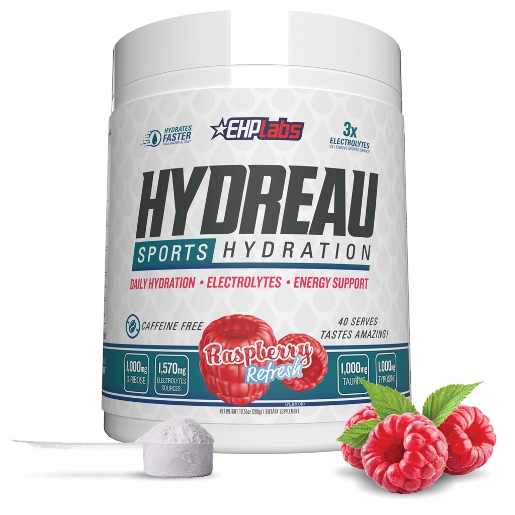 EHP Labs Hydreau Ηλεκτρολύτες σκόνη Όχι Ζάχαρη - Ενυδατική σκόνη για αντοχή & ενέργεια - Ηλεκτρολύτης σκόνη για άνδρες & γυναίκες - Ζάχαρη Δωρεάν ηλεκτρολύτες - Raspberry Refresh (40 Σερβίρεται)