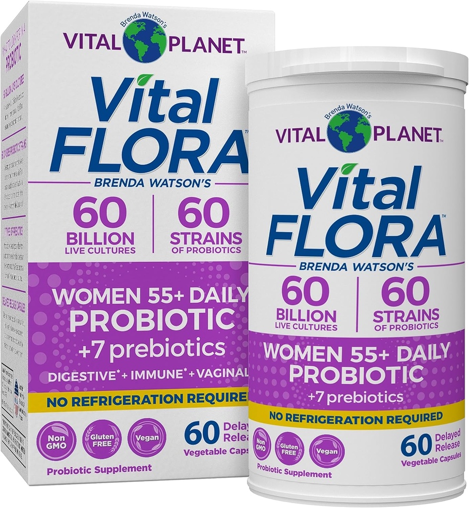Vital Planet – Vital Flora Probiyotiks for Women Over 55 Daily Raf Stable Probiyotik 60 Milyar CFU, 60 Diverse Strains, 7 Organik Prebiyotiks, Immune Support and Digestive Health 60 Capsules