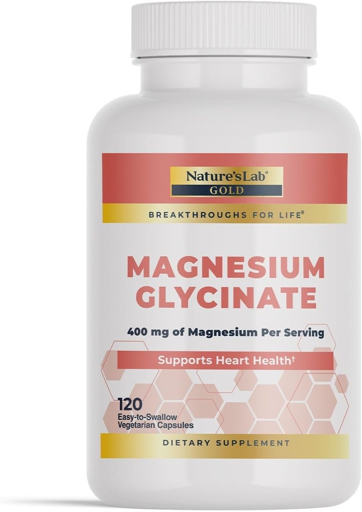 Nature's Lab Gold Magnezyum Glycinate 400 mg - Supports Cardiovascular Health, Muscle & Nerve Function* - 120 Capsules (30 Day Supply)