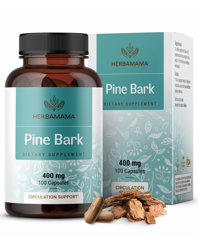 HERBAMAMA Pine Bark Extract Capsules - 400mg French Maritime Pine Bark Extract Powder for Antioxidant Support - Vegan, Non-GMO Pinus Pinaster Supplement