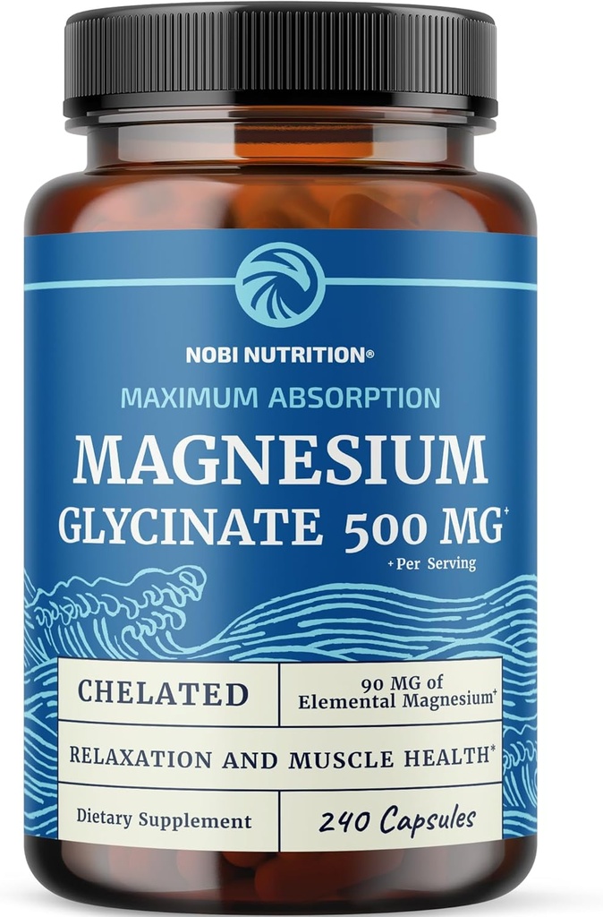 Magnesium Glycinate 500mg | Chelated for High Absorption | Muscle Relaxation, Bones, Heart, Nerve, Sleep & Calm Support for Women & Men | Magnesium Chelate Supplement & Bisglycinate Complex | 240ct
