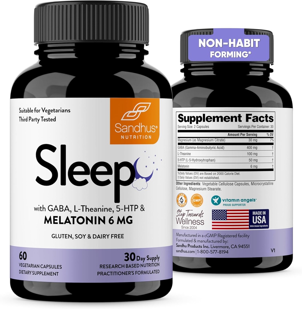 Sandhu's Sleep 60 κάψουλες –Non-Habit Forming 5-σε-1 συμπλήρωμα βοήθειας ύπνου με μελατονίνη, μαγνήσιο, GABA, L-Θεανίνη & 5-HTP
