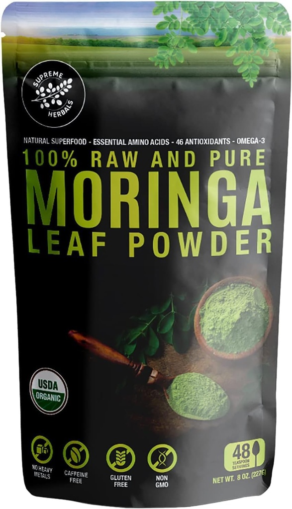 100% Raw και Pure Moringa Leaf Powder. Βιολογικά πιστοποιημένο Moringa Leaf. Φυσικό Superfood με Απαραίτητα Αμινοξέα, Αντιοξειδωτικά, και Omega 3, 8 oz Resealable Bag.
