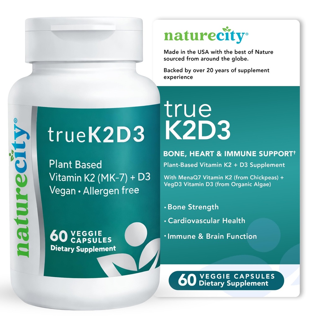NatureCity TrueK2D3 Φυτική βάση Βιταμίνη K2 MK7 (90 mcg) & D3 από τα φύκη (2.500 IU) 2 σε 1 Βιταμίνη D3 K2 συμπλήρωμα για την υγεία των οστών, της καρδιάς και του ανοσοποιητικού – 60 κάψουλες λαχανικών