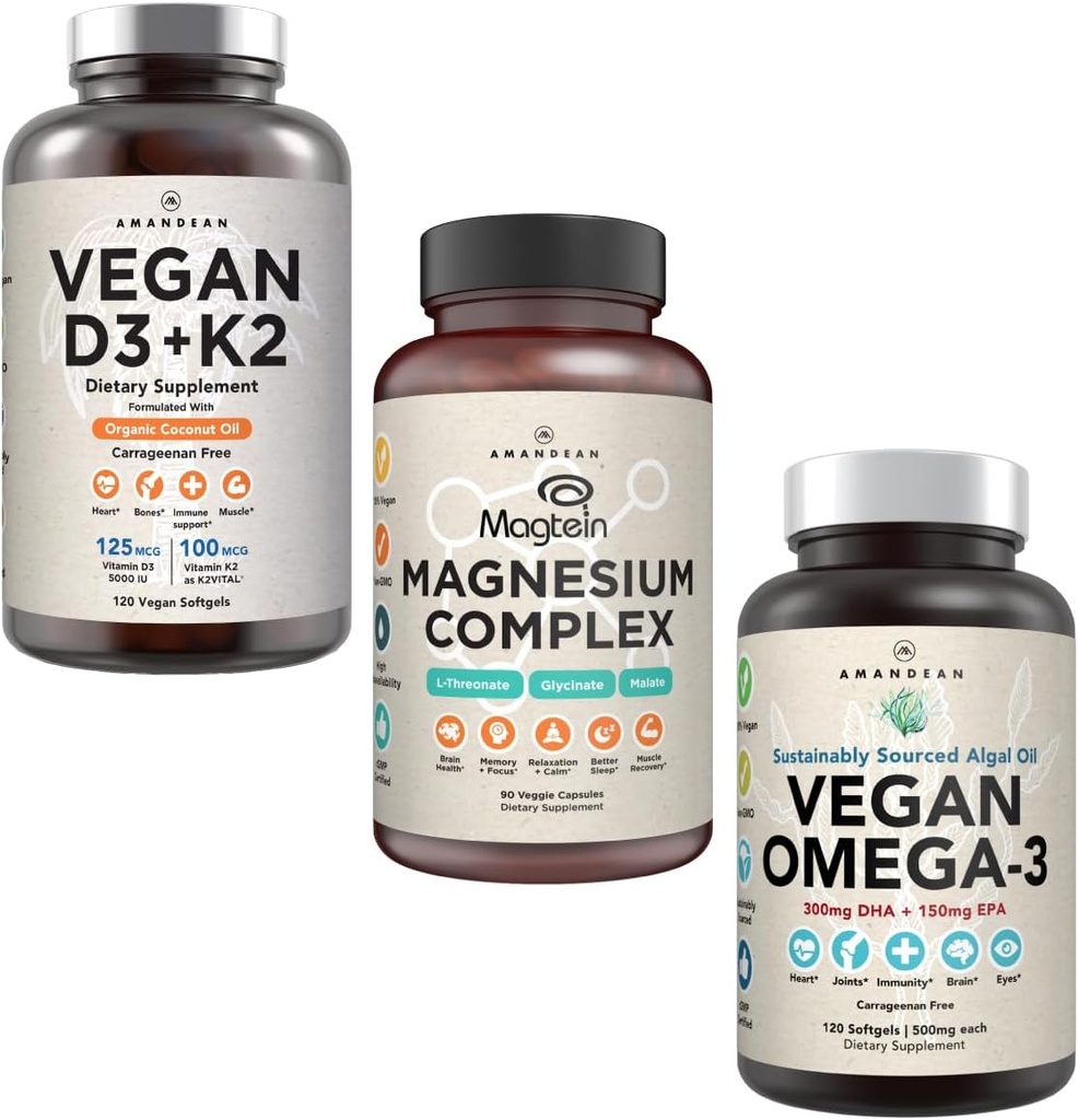 AMANDEAN Premium Magnezyum Kompleksi, Vegan Omega 3, Vegan D3+K2 Sche. Plant-Based Immune Support. Algae DHA & EPA. Kalite Uyku, Focus & Mood. Sağlıklı Kalp, Beyin, Ortaklar ve Gözler