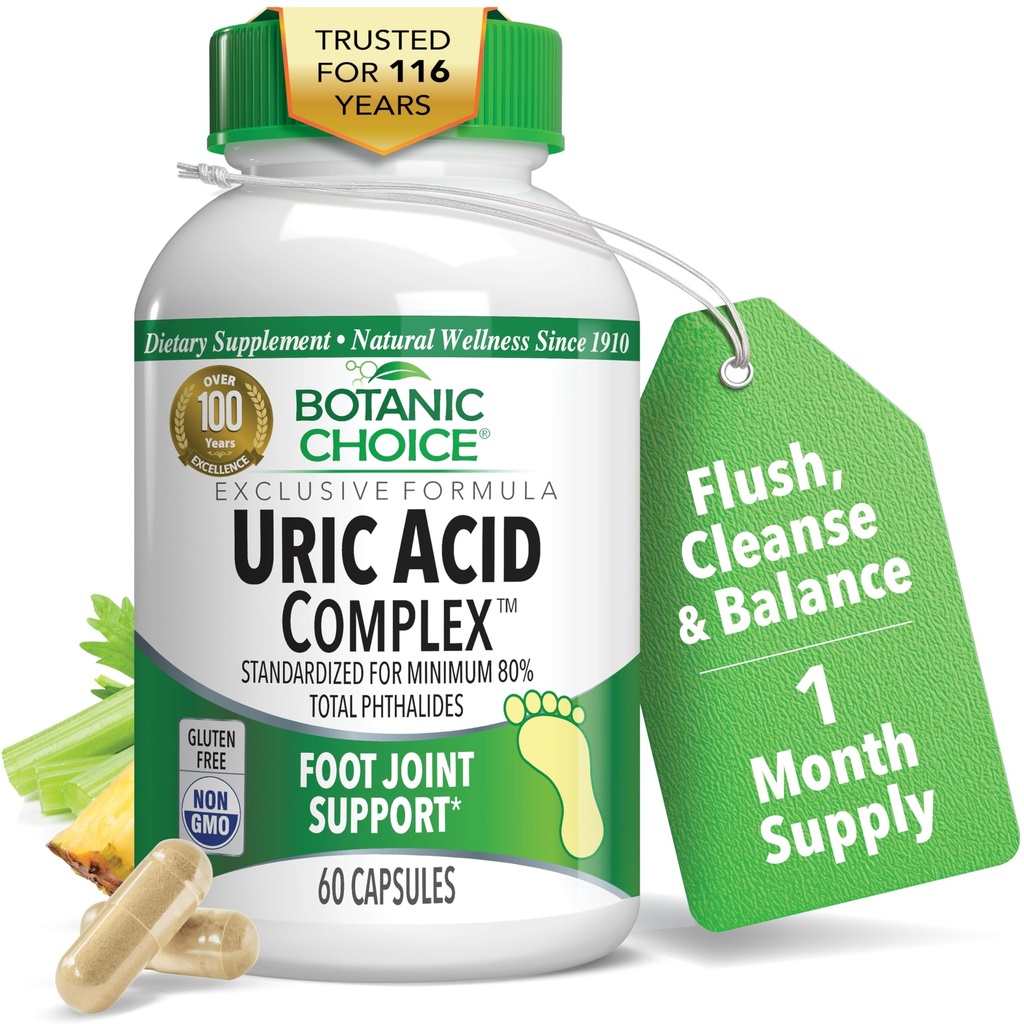 Botanic Choice Uric Acid Complex Supplement - Foot Joint Support-Help Soothe Discomfort with Celery Seed & Bromelain -Gluten Free, Non-GMO, 60 Caps