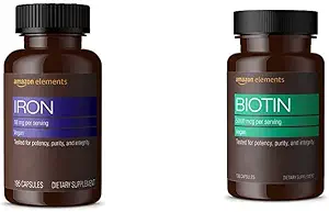 Στοιχεία Iron 18mg κάψουλες, υποστηρίζει την παραγωγή ερυθρών κυττάρων αίματος, Vegan (195 κόμης, 6 μήνας προμήθεια) και στοιχεία Vegan Biotin 5000 mcg - μαλλιά, δέρμα, νύχια (130 κάψουλες, 4 μήνες προμήθεια)