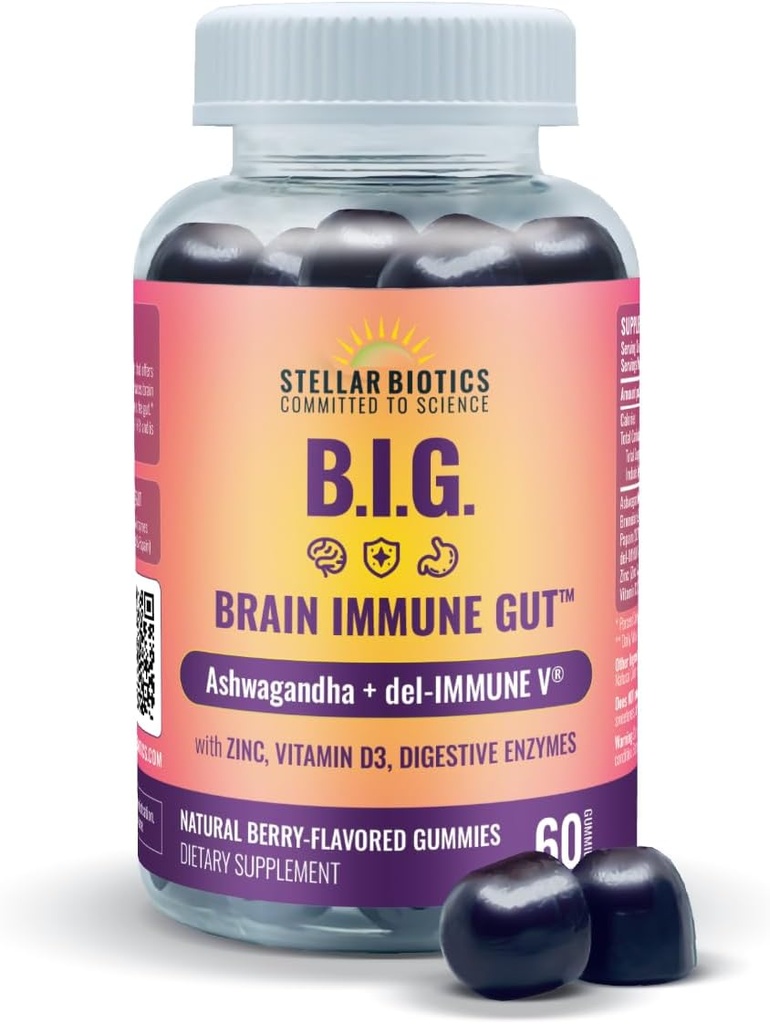 Del-Immune V + Ashwagandha - Εγκεφαλικό ανοσοποιητικό βλεννόρροια (B.I.G.) Gummy - Όλα τα φυσικά ανοσοποιητικά & Gut υποστήριξη με ψευδάργυρο, βιταμίνη D3 + Digestive Ένζυμα (60 Gummies)